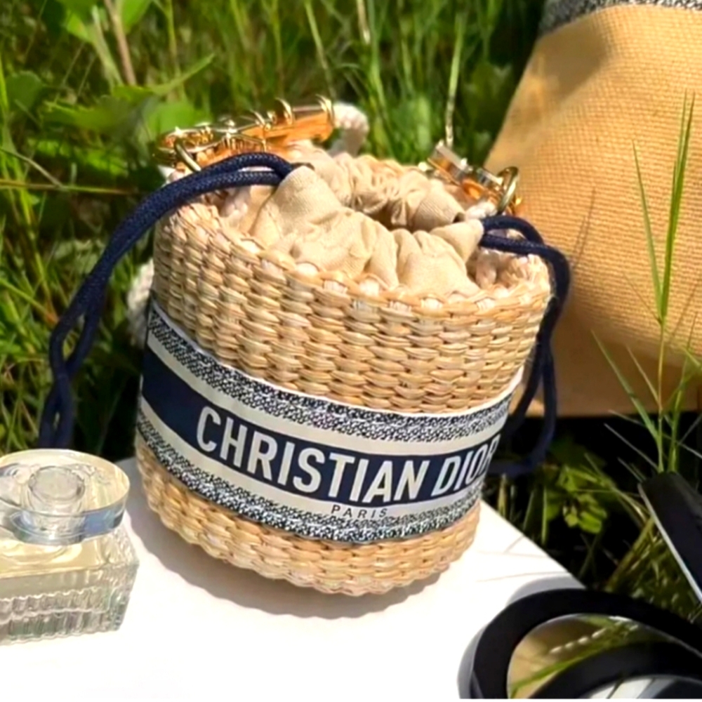 Dior Straw Bucket Crossbody Bag with Navy Logo Band